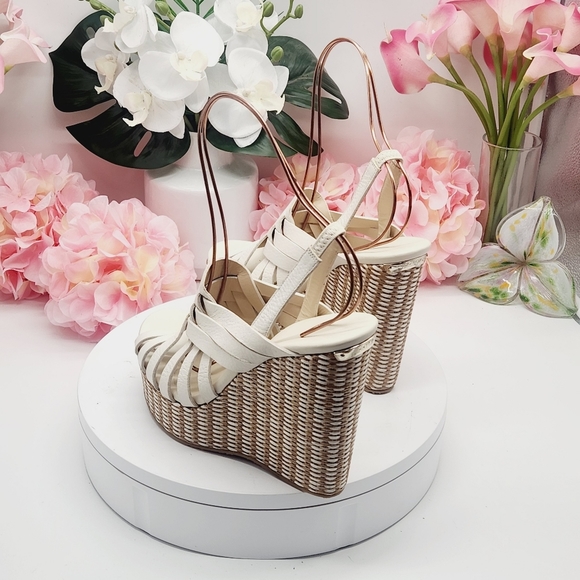 💋NEW💋JIMMY CHOO Perdita Leather Raffia Wedge Sandals - Picture 3 of 14
